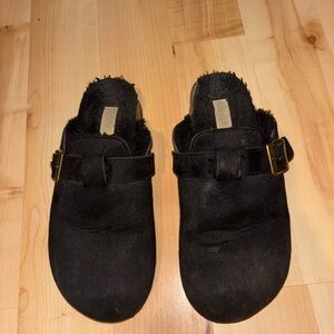 Black Suede Slip-On Clogs with Buckle